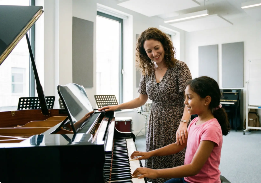 Parent and child at piano lesson